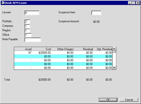 First view of the Book AFM Lease dialog showing the application detail
