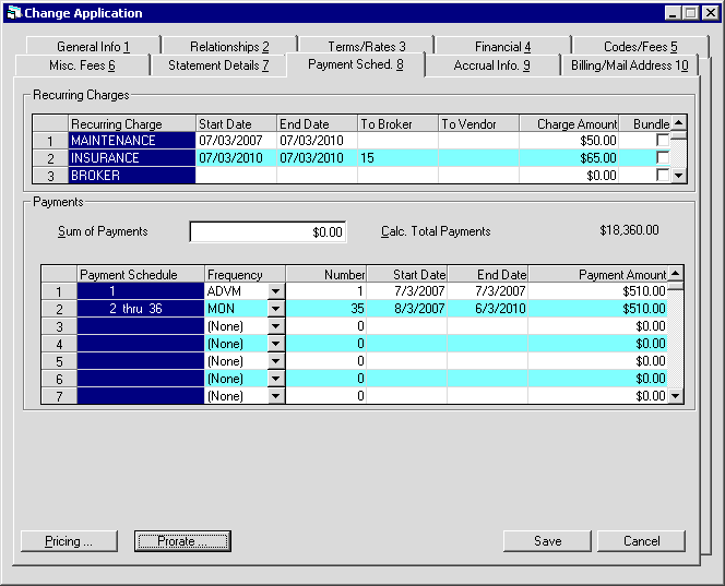 The Payment Schedule tab of the Application dialog
