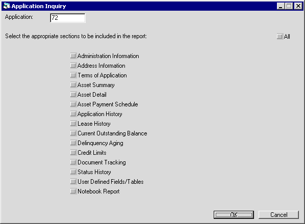 The Application Inquiry selection dialog