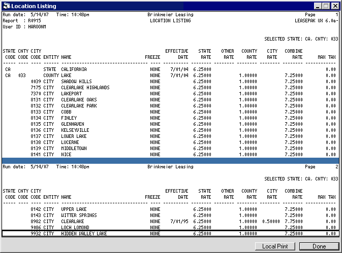 The Location Listing report.