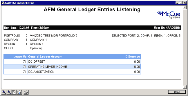 Screenshot of the AFM GL Entries Listing report