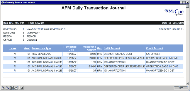 Screenshot of an AFM Daily Transaction Journal report
