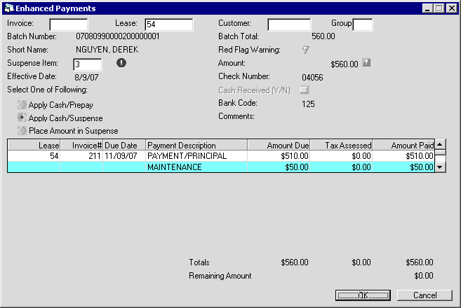 Payment processing mode for cash/prepay and cash/suspense