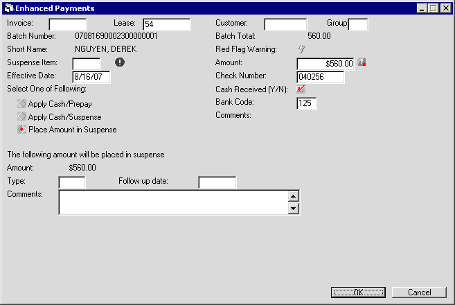 Payment processing mode for placement in suspense