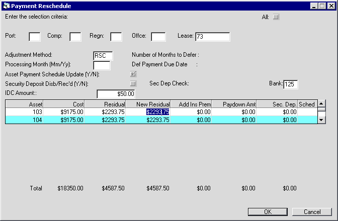 Shows the screen 3 user interface when Asset Payment Schedule Update check box is selected. 