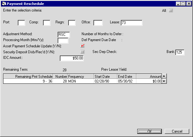 The Remaining Term reschedule screen for reschedules having the Asset Payment Schedule Update check box selected.