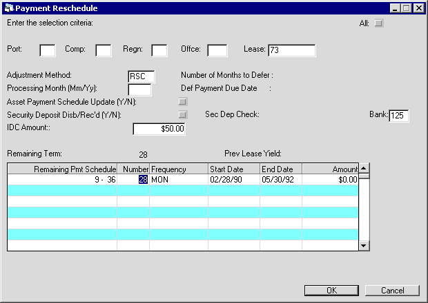 The Remaining Term reschedule screen for reschedules having the Asset Payment Schedule Update check box unselected.