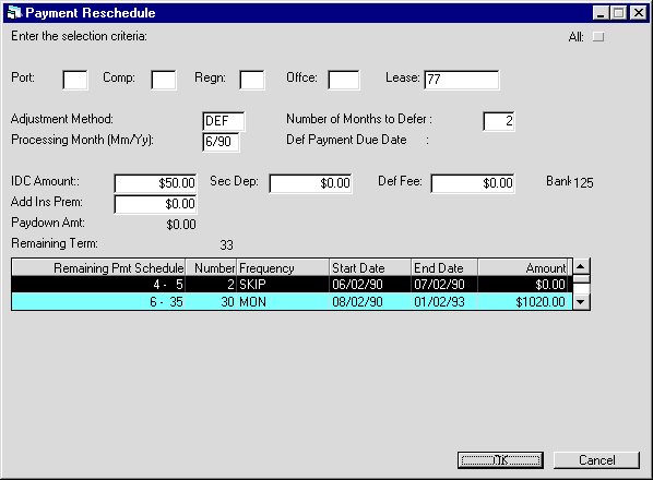 Screenshot shows the Payment Schedule section displaying the remaining payments schedule for the selected lease.