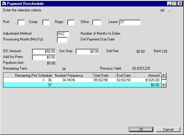 Screenshot shows the Payment Schedule section displaying the remaining payments schedule for the selected lease.