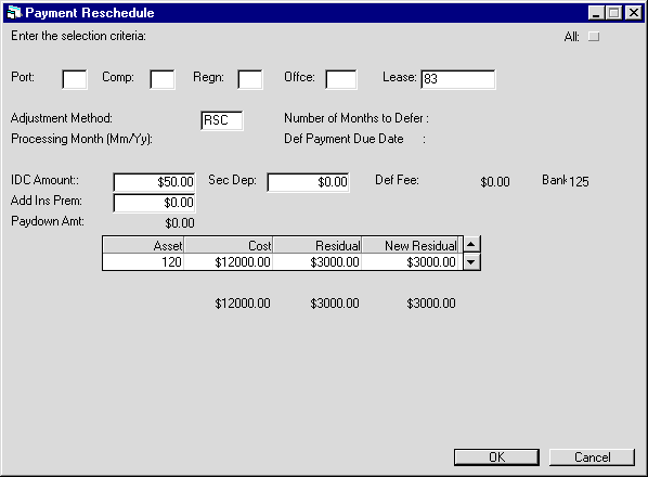 Screenshot shows the Asset Detail section on the Payment Reschedule screen.
