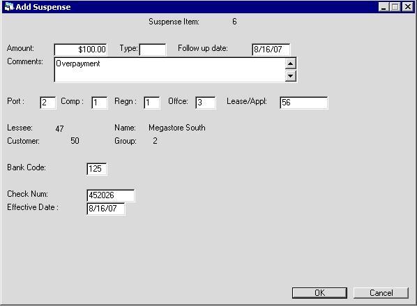 The Add Suspense dialog