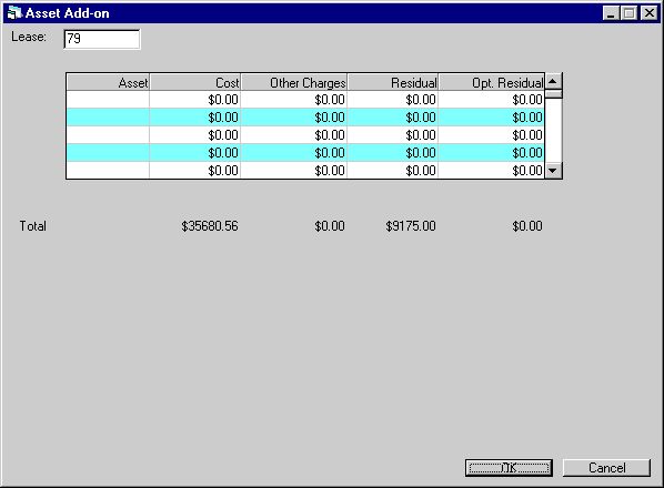Asset Add-on [U0113] screen for attaching add-on assets to lease.