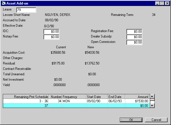 Asset Add-on [U0113] screen for asset adjustments.