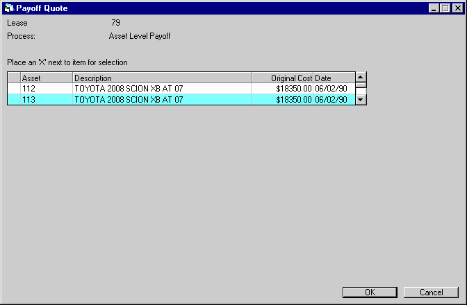 The Asset Selection screen
