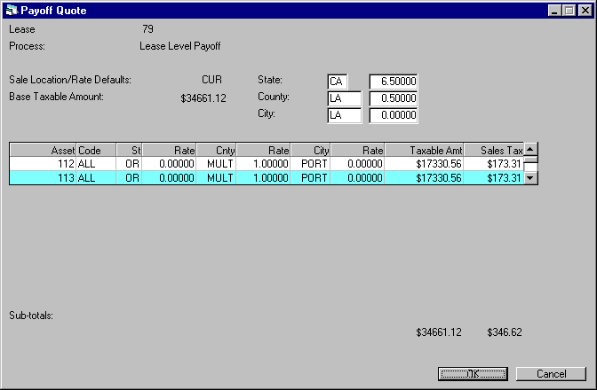 The Sales Tax Payoff screen