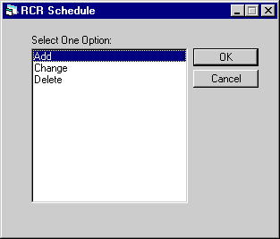 The RCR Schedule dialog showing application functions.
