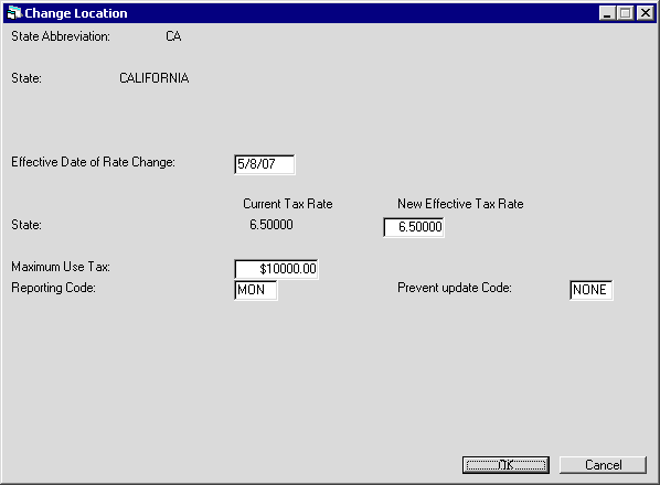Change state view of the Change Location screen