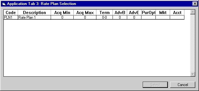 The Rate Plan selection dialog