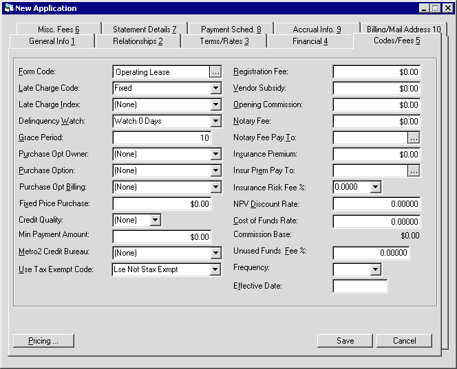 The Codes/Fees tab