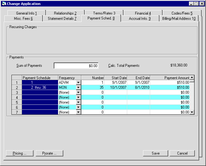 The Payment Sched. tab