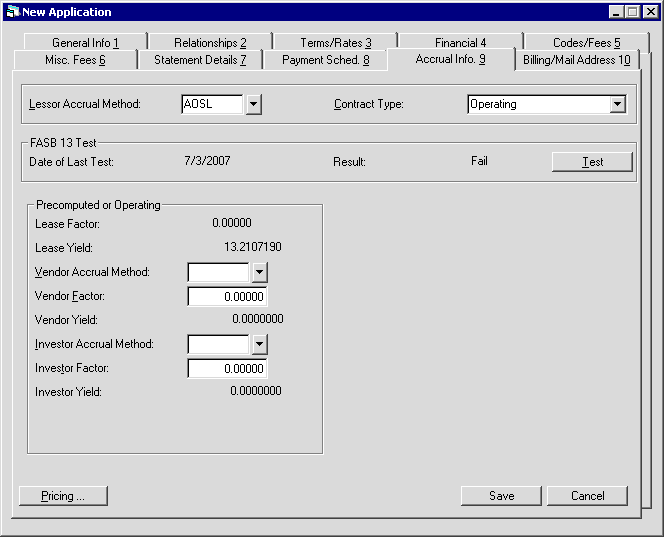 The Accrual Info tab view for Precomputed or Operating leases