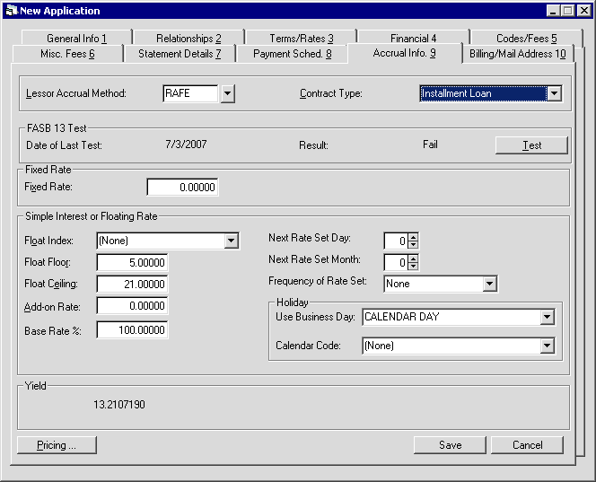 The Accrual Info tab view for Simple Interest Leases and Interest Bearing Loans