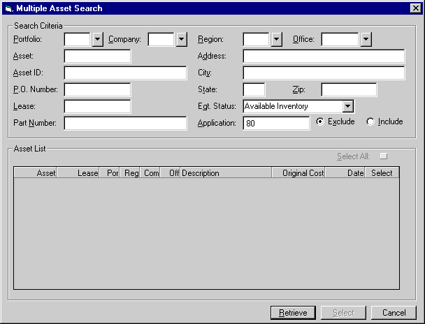 Multiple Asset Search dialog for adding booked assets.