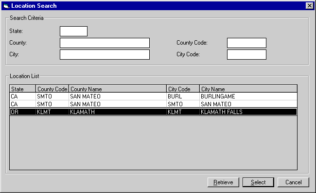 The Location Search dialog displaying search results