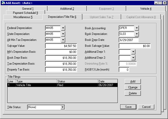 The Depreciation/Title File tab