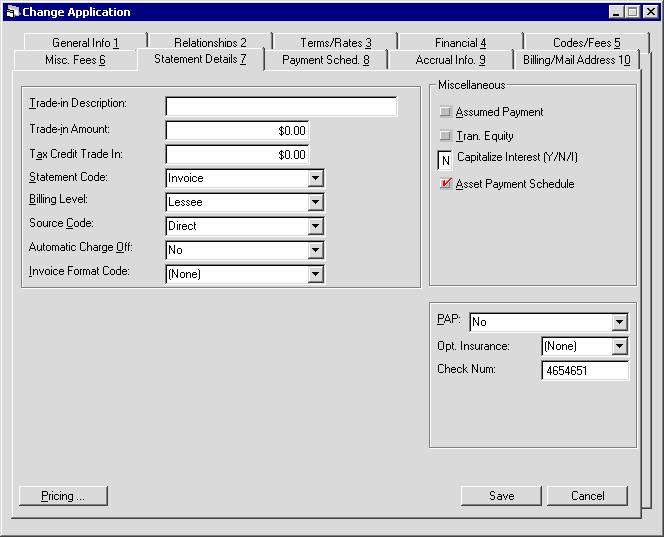 The Statement Details tab on Application dialog
