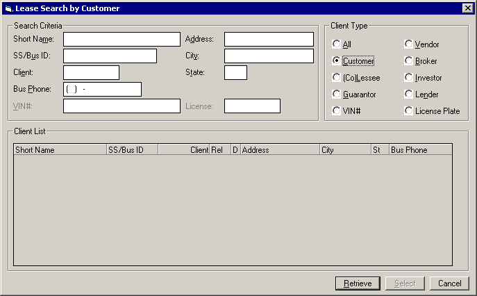 Client Search screen