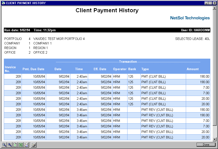 Client Payment History report