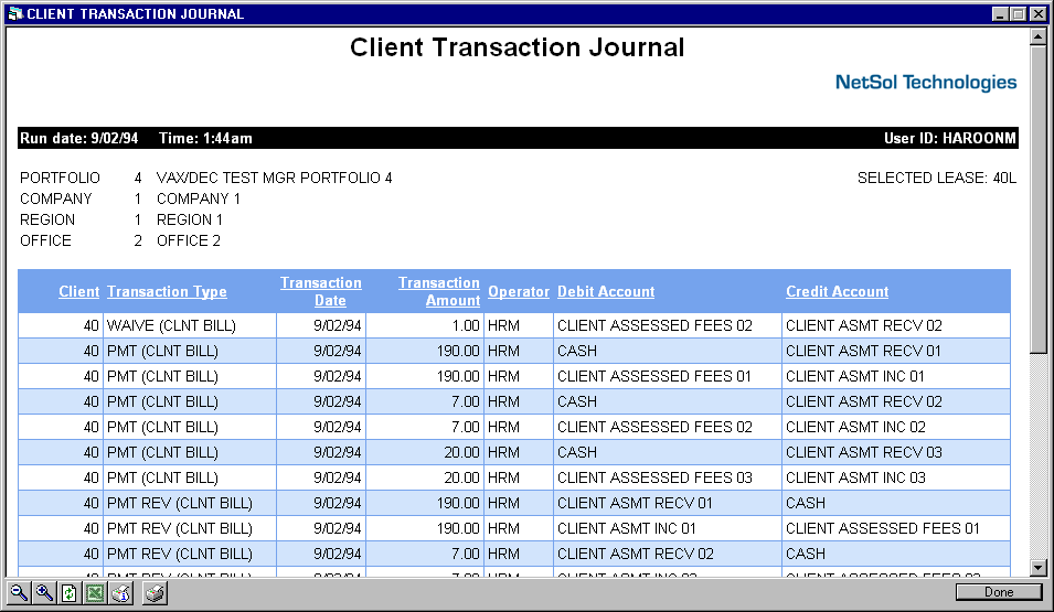 Client Transaction Journal report