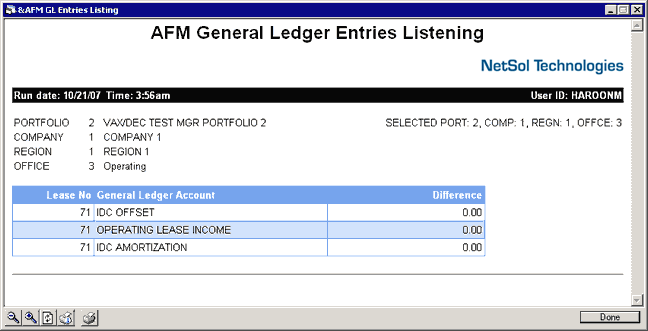 Screenshot of the AFM GL Entries Listing report