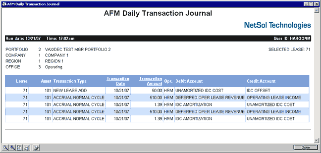 Screenshot of an AFM Daily Transaction Journal report