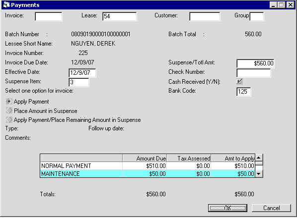 Payments view for a lease.