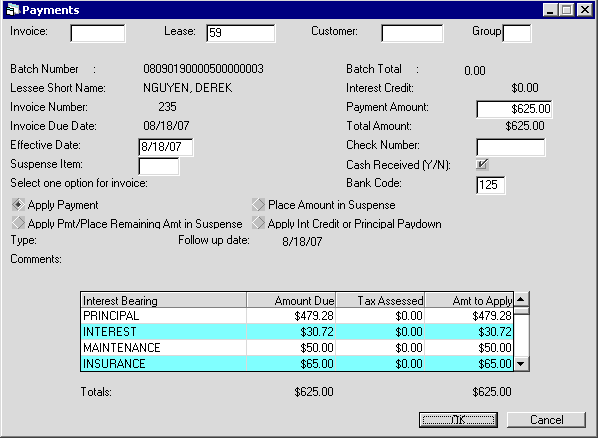 Payments view for an Interest Bearing Loan.