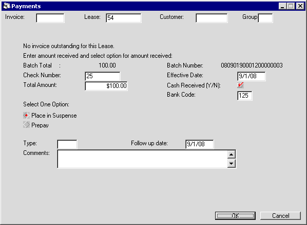 Payments view when no invoices are due for a lease.