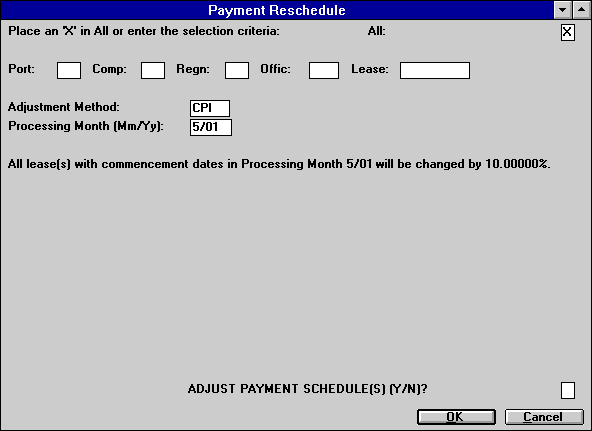 Screenshot shows Payment Reschedule Adjustment settings for CPI method.