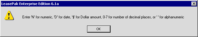Invalid option. Enter N, $, D, 0-7, or ' ' (blank for alphanumeric)