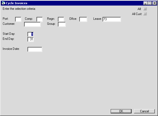 Cycle Invoices Selection dialog