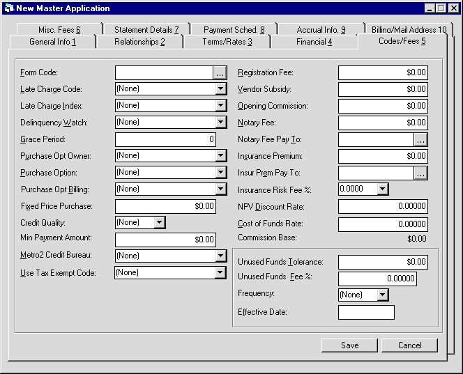 New Master Application - Code/Fee tab