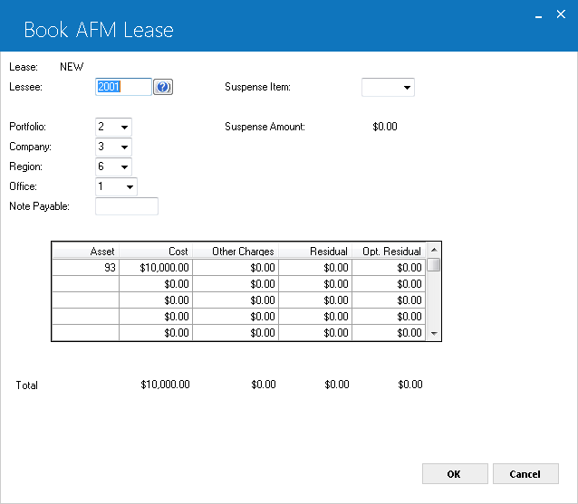 First view of the Book AFM Lease dialog showing the application detail