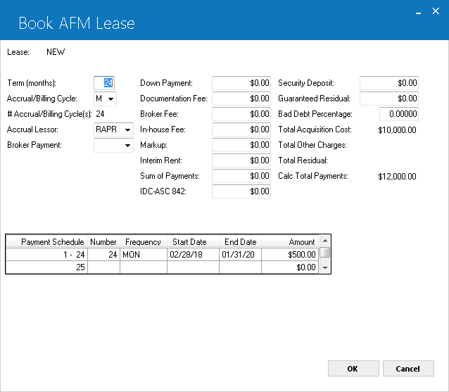 Step 2 view of the Book AFM Lease dialog showing the application detail
