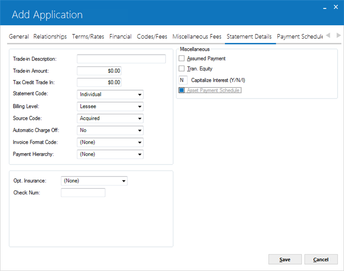 The Statement Details tab on Application dialog