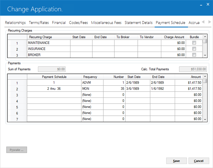 The Payment Schedule tab of the Application dialog