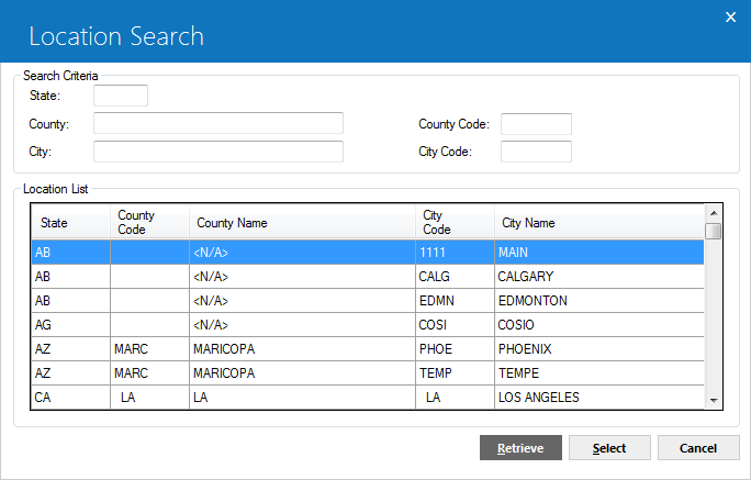 The Location Search dialog displaying search results