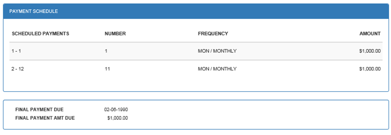 Payment Schedule grid for R0905 Lease Inquiry