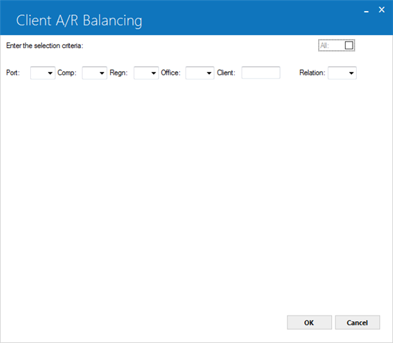 Client A/R Balancing selection screen