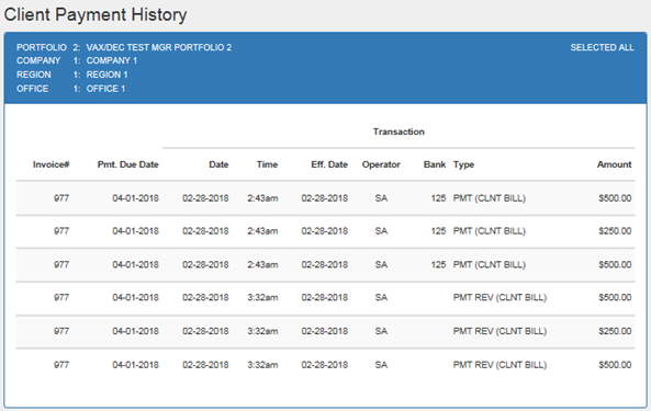 Client Payment History report